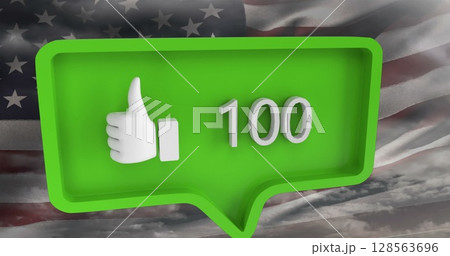 Image of speech bubble with numbers and like icon over clouds and flag of usa 128563696