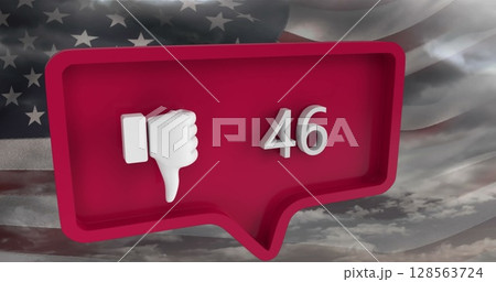 Image of speech bubble and unlike icon over clouds and flag of usa 128563724