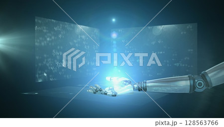 Spot of light over robotic hand against screens with mathematical equations on blue background Spot of light over robotic hand against screens with mathematical equations on blue background 128563766