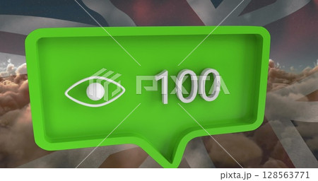 Image of speech bubble with numbers over clouds and flag of united kingdom Image of speech bubble with numbers over clouds and flag of united kingdom 128563771