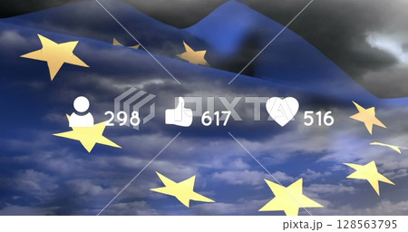 Image of speech bubble with numbers and unlike icon over clouds and flag of european union Image of speech bubble with numbers and unlike icon over clouds and flag of european union 128563795