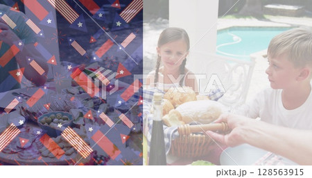 Image of little flags of usa over caucasian family eating in garden Image of little flags of usa over caucasian family eating in garden 128563915