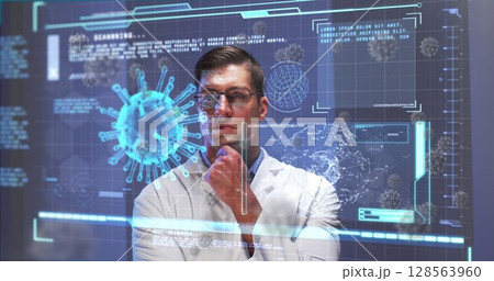 Image of virus cells and digital interface over male doctor 128563960
