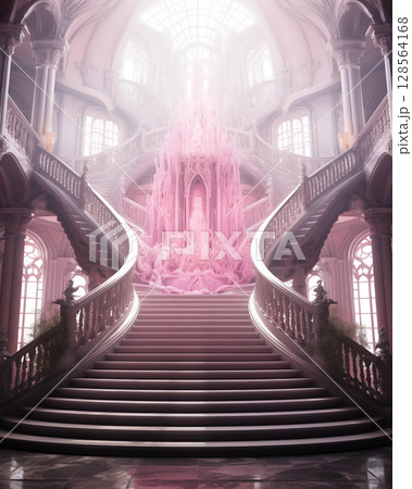 Staircase, hallway inside the castle, pink tone Staircase, hallway inside the castle, pink tone 128564168