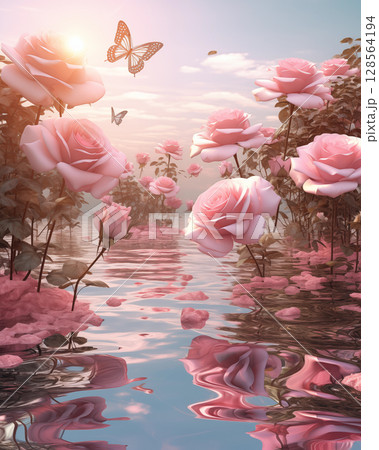 Roses floating on the surface of the water at the edge of the castle give a romantic feeling. 128564194