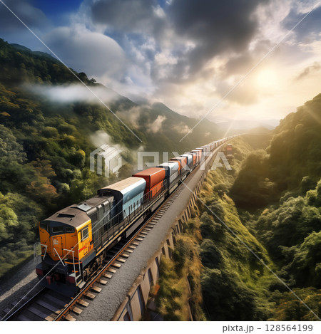 digital painting pictures Train running through the valley 128564199