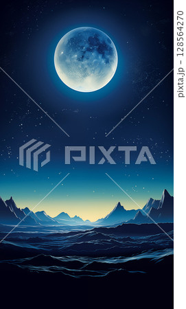 Moon and mountain landscape at night, digital art style. 128564270
