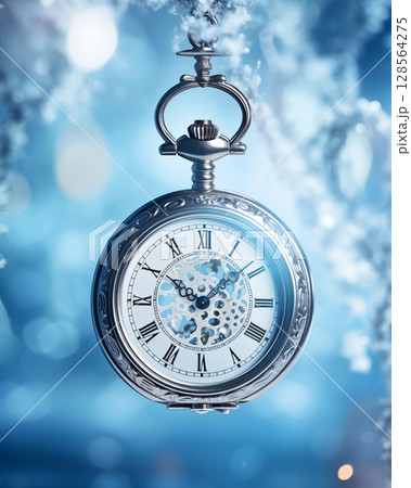 Roman style clock on snowy background in winter Roman style clock on snowy background in winter 128564275