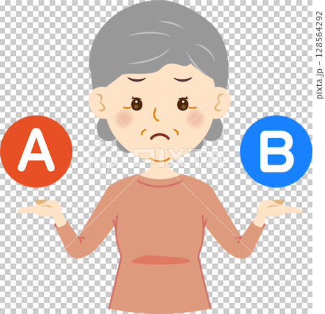 AかBの選択に迷う高齢女性 128564292