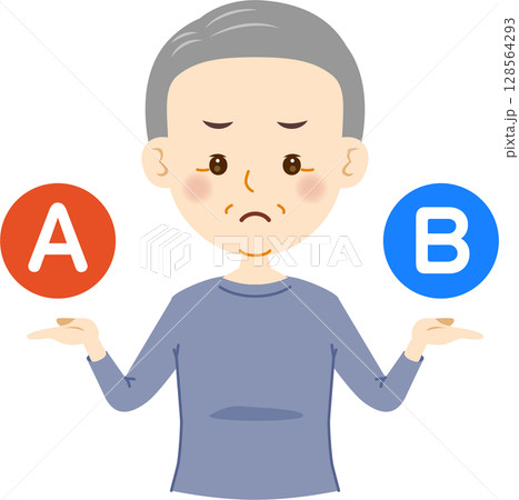 AかBの選択に迷う高齢の男性 128564293