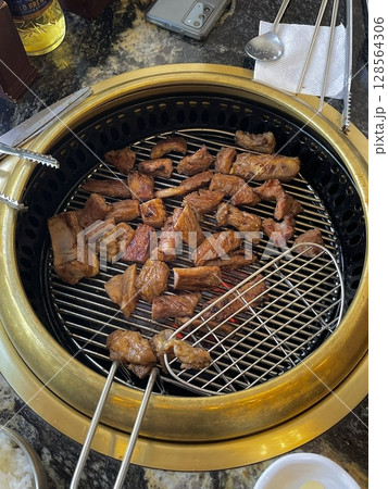 Savory bulgogi with tender, thinly sliced beef marinated in a sweet and flavorful sauce, grilled to perfection. A classic Korean dish loved for its rich taste and juicy texture. 128564306