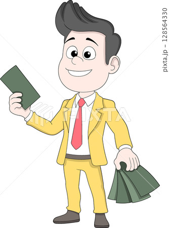 Cartoon Businessman in Yellow Suit Holding Cash 128564330