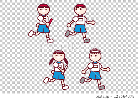 白組紅組に分かれて運動会でリレーをする子供たち 128564379