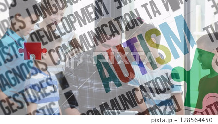 Image of colourful puzzle pieces and autism text over school children with male teacher Image of colourful puzzle pieces and autism text over school children with male teacher 128564450
