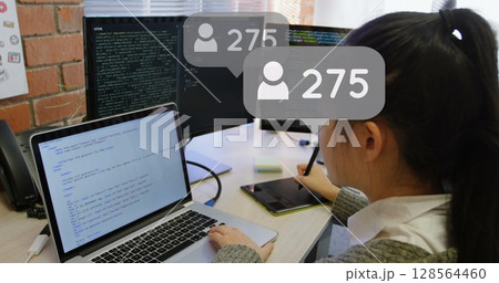 Image of icons and numbers over woman using tablet and laptop 128564460
