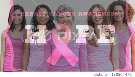 Image of breast cancer awareness text over group of smiling women Image of breast cancer awareness text over group of smiling women 128564479