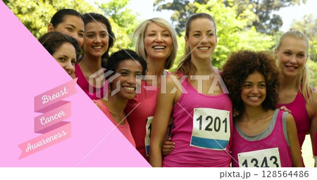 Image of breast cancer awareness text over group of smiling women Image of breast cancer awareness text over group of smiling women 128564486