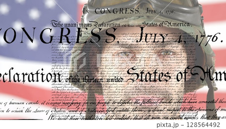 Image of article text over caucasian soldier and flag of united states of america 128564492