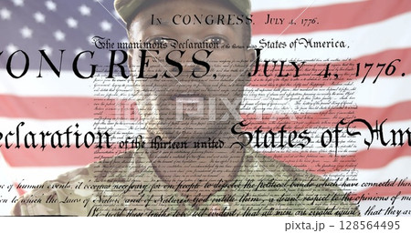 Image of article text over african american soldier singing and flag of united states of america 128564495