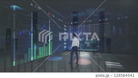 Image of financial data processing over businessman 128564541