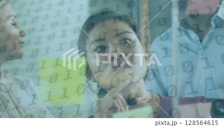 Image of binary coding over diverse business people taking notes 128564615