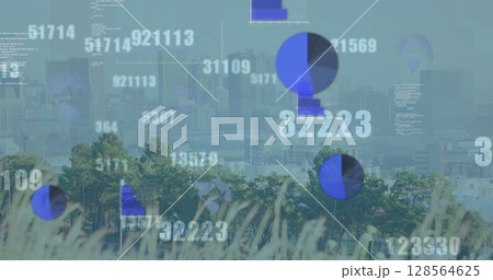 Image of data processing and graphs over cityscape 128564625