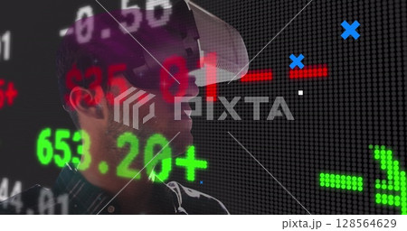 Stock market and statistical data processing and abstract shapes over man wearing vr headset Stock market and statistical data processing and abstract shapes over man wearing vr headset 128564629