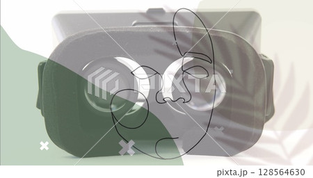 Abstract shapes and network of connections against close up view of a vr headset 128564630