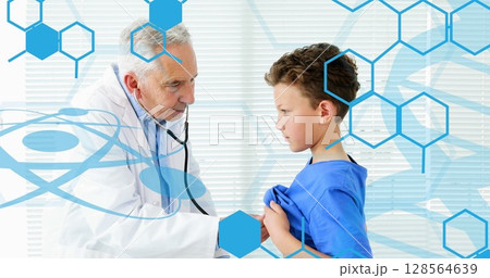 Image of chemical icons over smiling caucasian male doctor treating patient Image of chemical icons over smiling caucasian male doctor treating patient 128564639
