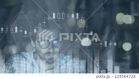 Image of financial data processing over business people walking in modern office Image of financial data processing over business people walking in modern office 128564728