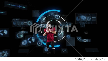 Image of caucasian male rugby player over scope scanning on black background Image of caucasian male rugby player over scope scanning on black background 128564747