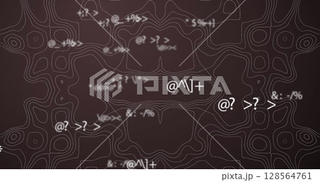 Image of globes connections over moving topographical chart on brown background 128564761