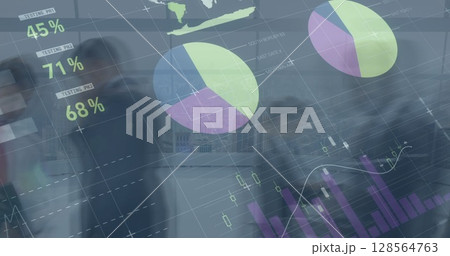 Image of financial data processing over diverse business people walking in modern office 128564763