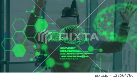 Image of chemical compounds and medical data processing over man wearing vr headset Image of chemical compounds and medical data processing over man wearing vr headset 128564766