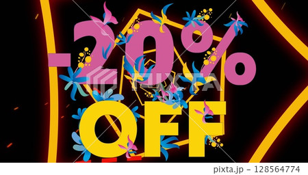 Image of rotating pentagons and 20 percent off text on black background Image of rotating pentagons and 20 percent off text on black background 128564774