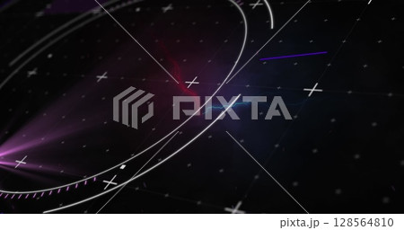 Image of circular scanner and scopes over colourful electrical currents on black background 128564810