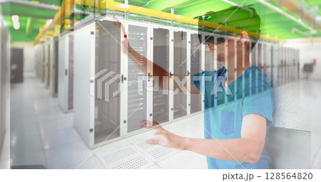 Image of computer server over schoolboy wearing vr headsets 128564820