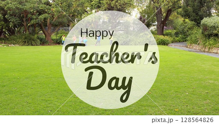 Image of happy teachers day text over diverse schoolchildren running 128564826
