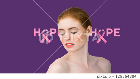 Image of hope text over caucasian woman with eyes closed on purple background Image of hope text over caucasian woman with eyes closed on purple background 128564884