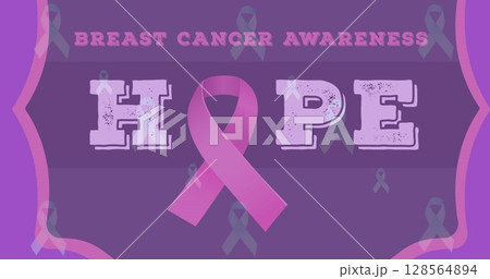 Image of breast cancer awareness text with pink ribbon on purple background Image of breast cancer awareness text with pink ribbon on purple background 128564894