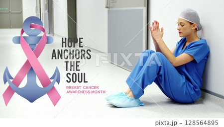 Image of breast cancer awareness text over tired caucasian female doctor at hospital Image of breast cancer awareness text over tired caucasian female doctor at hospital 128564895