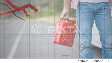 Image of financial data processing over man carrying fuel canister Image of financial data processing over man carrying fuel canister 128564902