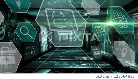 Image of digital interface with data processing and medical icons on black background 128564913
