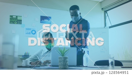 Image of covid 19 social distancing text over two businessmen wearing face masks in office Image of covid 19 social distancing text over two businessmen wearing face masks in office 128564951