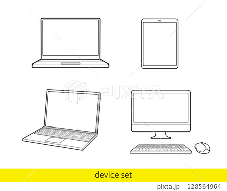 パソコンとタブレットの線画イラストセット 128564964