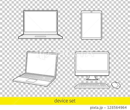 パソコンとタブレットの線画イラストセット 128564964