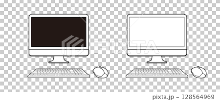 デスクトップPCの線画イラストセット 128564969