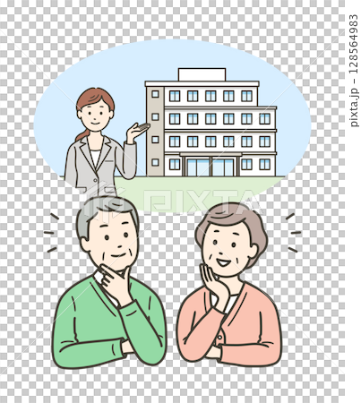 老人ホームまたはマンションへの入居を考える高齢者夫婦と案内する女性 128564983
