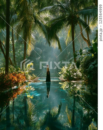 Serene Oasis Woman Contemplates in Lush Tropical Paradise 128564999