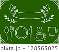 黒板にチョークで描いたカフェのお皿やコーヒーカップのイラスト素材　手書きのシンプルおしゃれなデザイン 128565025